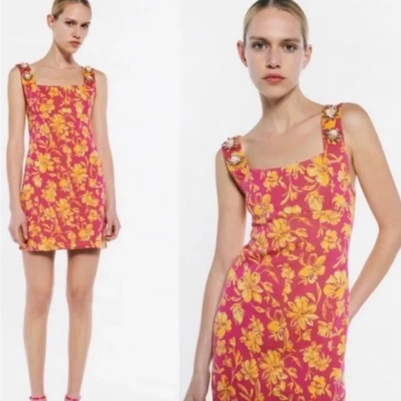 Zara Pink/Yellow Floral Knit Jeweled Shoulder Mini Dress Size Medium - Picture 1 of 15